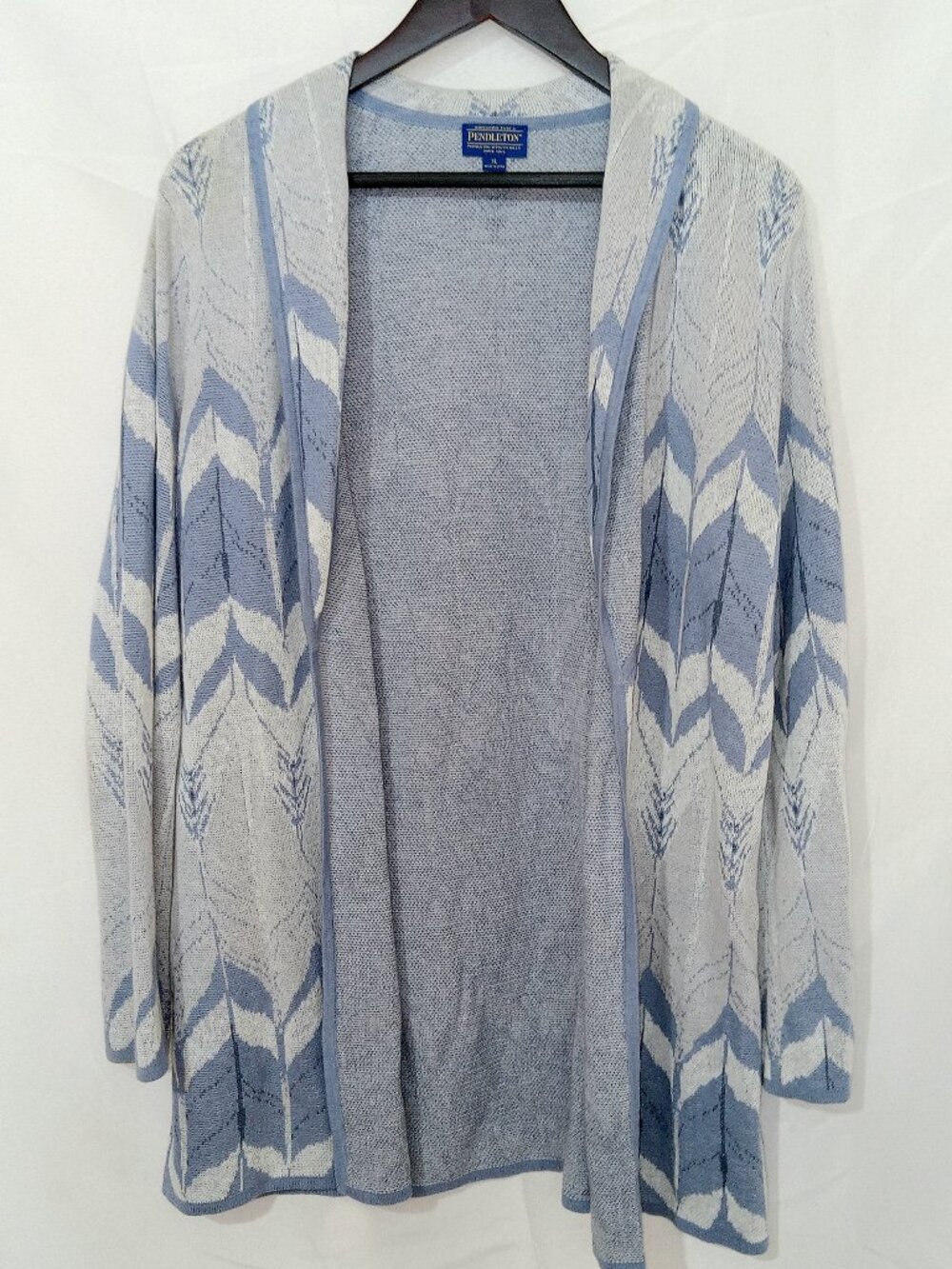PENDLETON Women’s XL Linen Cotton Knit Cardigan Blue White Geometric Open Front
